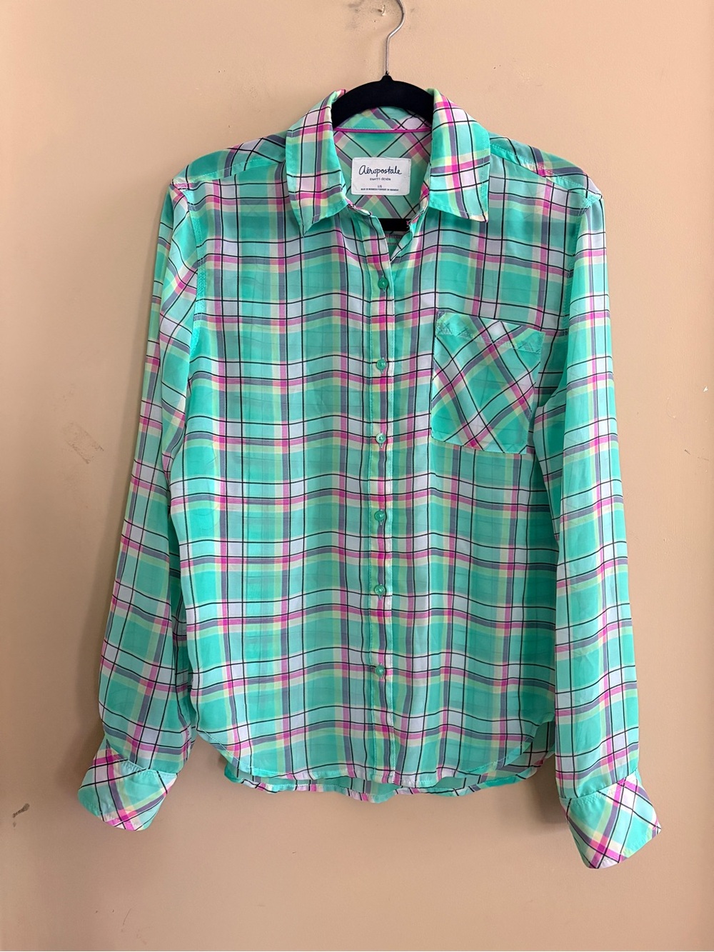 Aeropostale Mint and Pink Plaid Sheer Button-Down Shirt Large